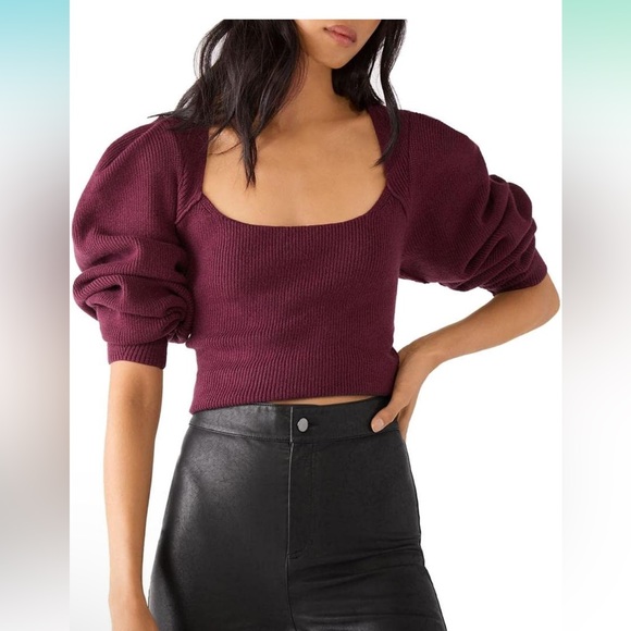 Free People Sweaters - NWT FREE PEOPLE Sz M Cropped SLOUCHY Puff Sleeve RIBBED PULLOVER SWEATER $128